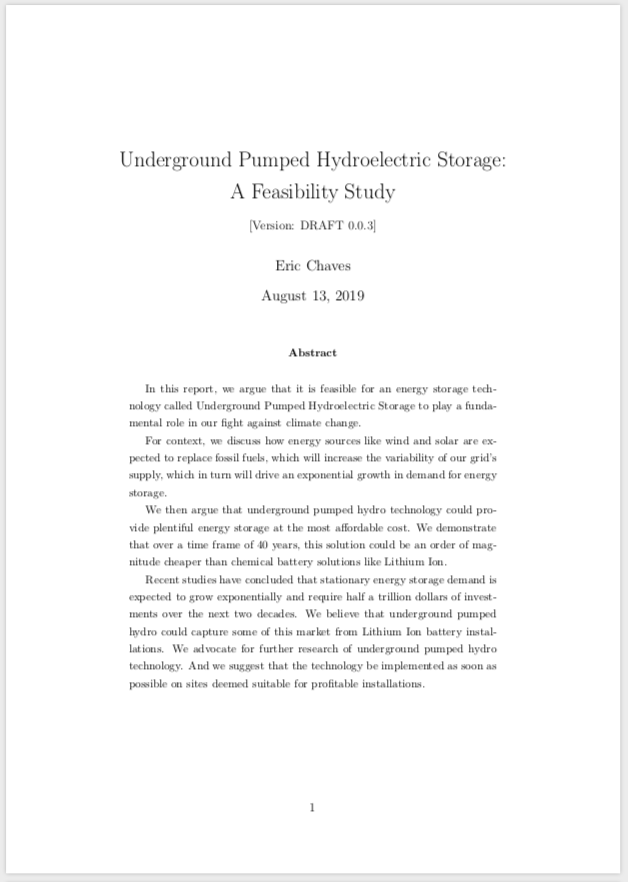 Underground Pumped Hydroelectric Storage: A Feasibility Study
